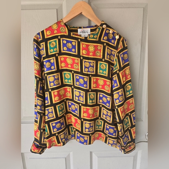 Talbots Vintage 100% Silk Blouse Sz 6 Roman Coins Francs Gold Buttons Boho Artsy - Picture 2 of 12